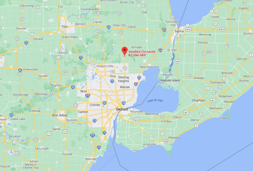 Map showing the location of Wolcott Orchards & Cider Mill near Armada, Michigan, north of Detroit.