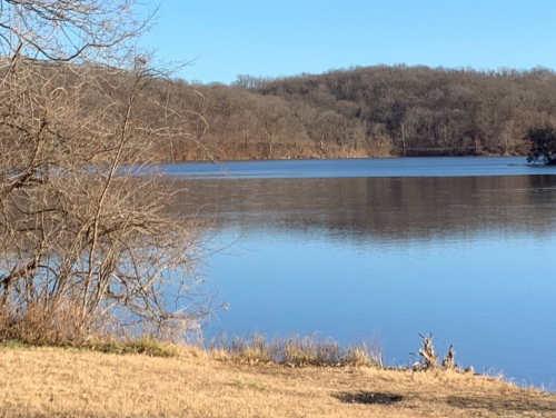 A calm lake surrounded by bare trees and a distant wooded hillside under a clear blue sky.