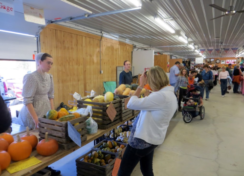 A busy indoor market with vendors selling pumpkins and squash, and shoppers browsing and taking photos.