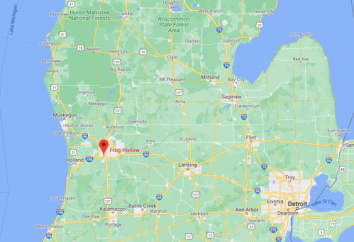 Map showing the location of Frog Hollow in Michigan, with surrounding cities and landmarks.