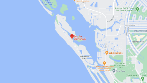 Map showing Rum Bay resort location near Don Pedro Island, surrounded by water and nearby golf courses.