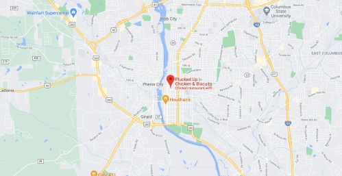 Map showing Phenix City, Alabama, with nearby landmarks and restaurants marked, including "Fucked Up Chicken & Biscuits."