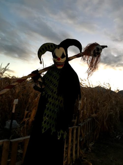 A figure in a jester costume with a mask and staff stands in a cornfield at dusk, creating a spooky atmosphere.