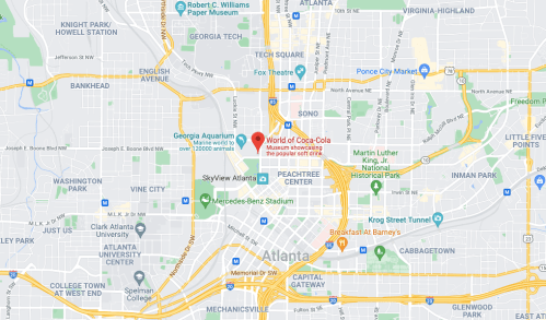 Map of downtown Atlanta, highlighting the location of the World of Coca-Cola museum.