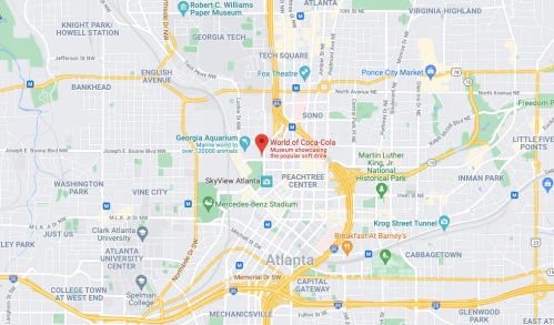 Map of downtown Atlanta, highlighting the location of the World of Coca-Cola museum.