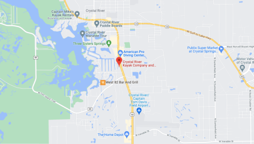 Map showing locations in Crystal River, Florida, including American Pro Diving Center and West 82 Bar and Grill.