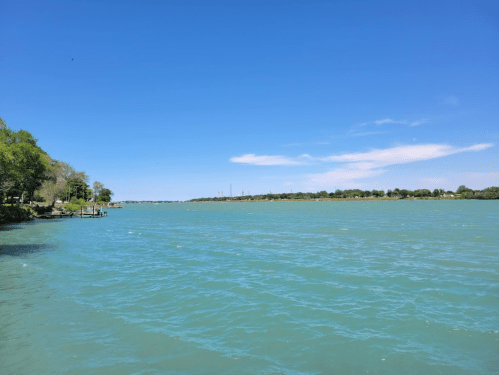 A serene river scene with clear blue water, green trees along the shore, and a bright blue sky.