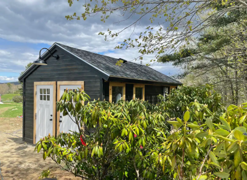 A small black shed with white doors, surrounded by greenery and trees under a cloudy sky.