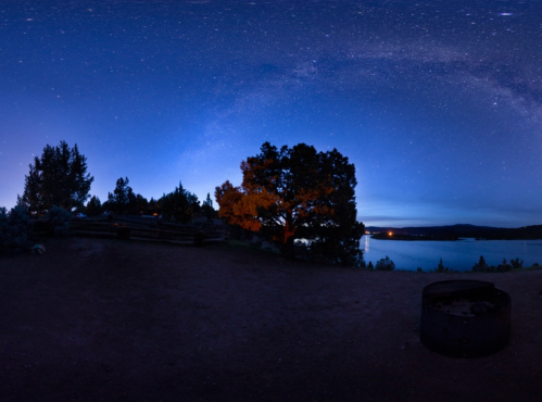 A serene night scene with a starry sky, a calm lake, and silhouetted trees, illuminated by soft moonlight.