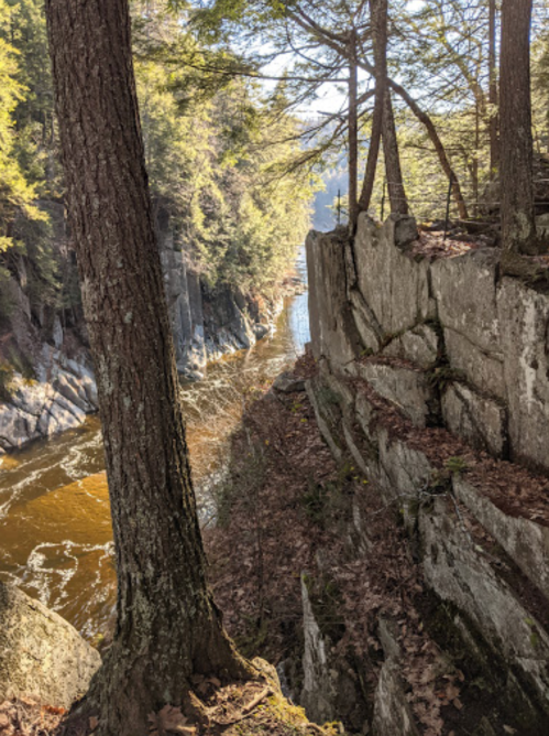 A serene river flows between rocky cliffs, surrounded by trees and autumn leaves.