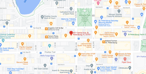 Map showing the area around 907 Central Ave, St. Petersburg, FL 33701, with nearby streets and landmarks.