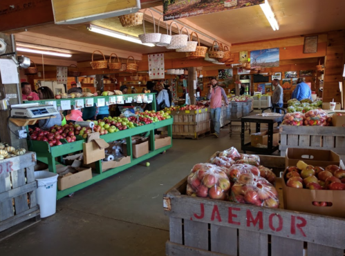 A bustling farmers market with wooden crates of apples, shoppers browsing, and colorful produce displayed on tables.