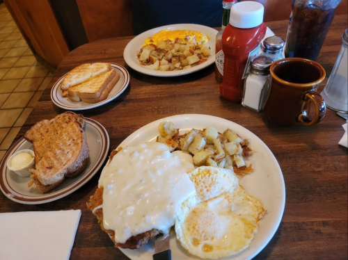 A plate with chicken and gravy, eggs, and potatoes, alongside toast and a cup of coffee on a wooden table.
