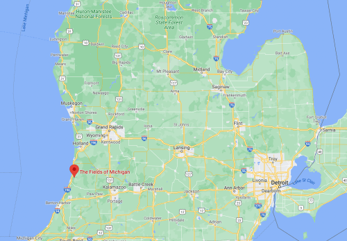 Map of Michigan highlighting "The Fields of Michigan" near the southwestern coast, with nearby cities and highways.