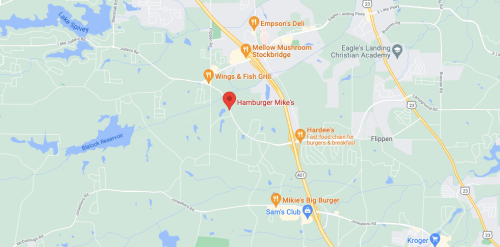 Map showing the location of Hamburger Mike's and nearby restaurants in Stockbridge, Georgia.