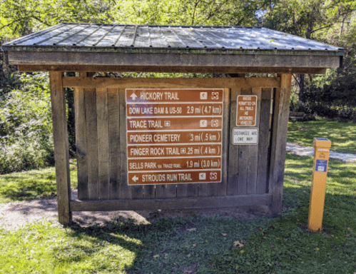 Trail signpost displaying various hiking trails and distances in a wooded area.