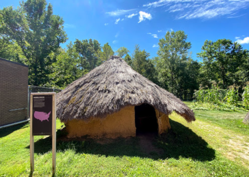 A thatched-roof hut made of mud, surrounded by greenery and a sign, under a clear blue sky.