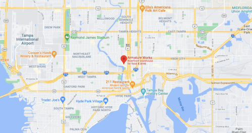 Map showing the location of Armature Works in Tampa, Florida, near the waterfront and various landmarks.