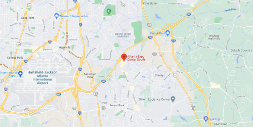 Map showing the location of Atlanta Expo Center South, near major roads and landmarks in Atlanta, Georgia.