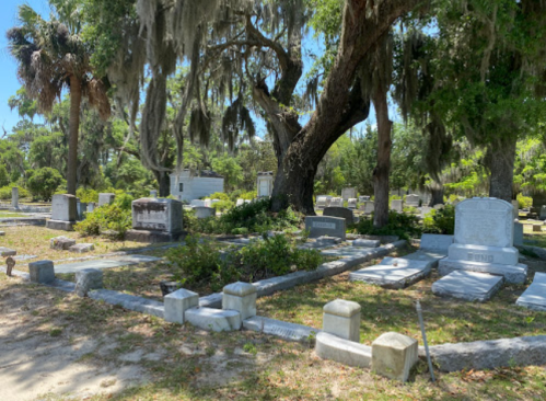A serene cemetery scene with gravestones surrounded by trees and Spanish moss under a clear blue sky.