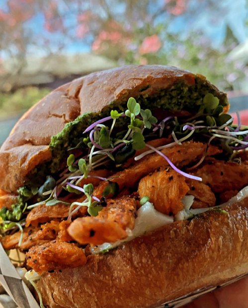 A close-up of a sandwich with grilled chicken, sprouts, and green sauce on a toasted bun, set against a blurred background.