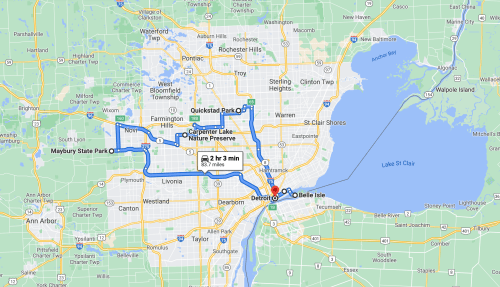 Map showing a route through Detroit, including parks and nature preserves, with estimated travel time of 2 hours and 37 minutes.