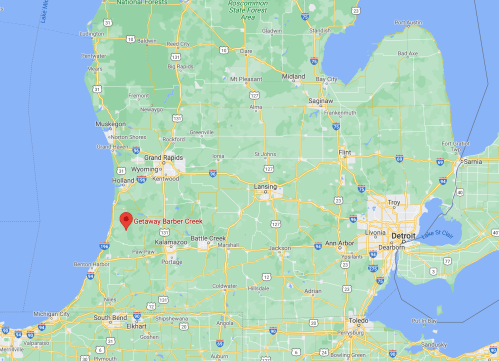 Map showing the location of Getaway Barber Creek in Michigan, near the southwestern coast.