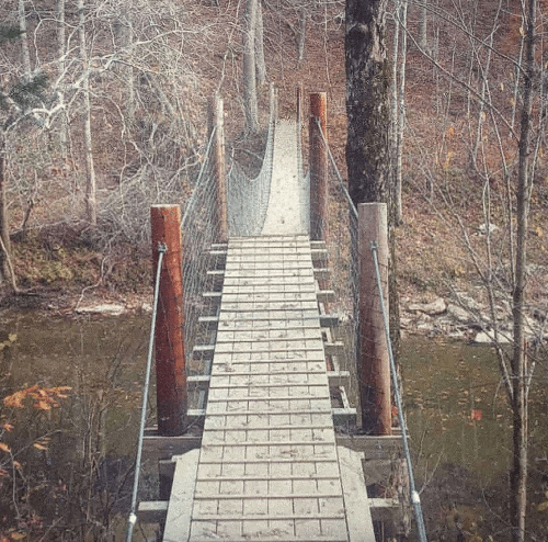 A wooden bridge with rope railings spans a small creek in a wooded area, surrounded by autumn foliage.