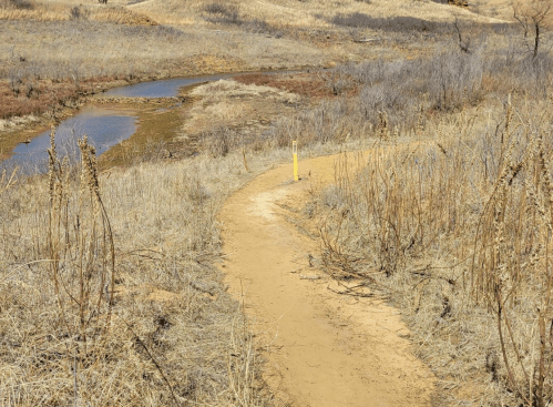 A winding dirt path through dry grassland, with a small stream and yellow markers in the background.