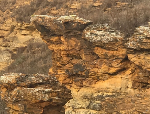 A close-up of a rocky cliff with layered yellow and brown stone formations and sparse vegetation on top.