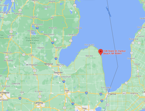 Map showing Harbor Beach, MI, with a marker at 108 State St, near Lake Huron and surrounding areas.