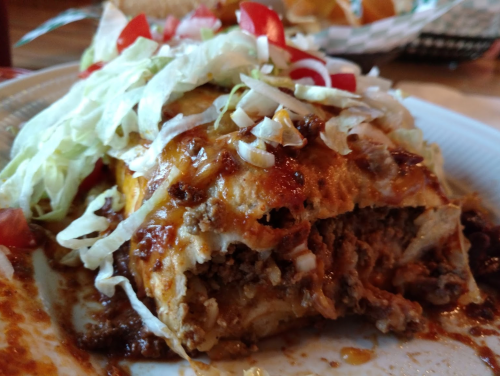 A close-up of a beef enchilada topped with lettuce and diced tomatoes, served with red sauce on a plate.