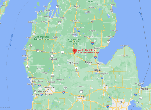 Map showing the location of Country Cookstove Bakery and Bake Shop in Michigan, near the center of the state.