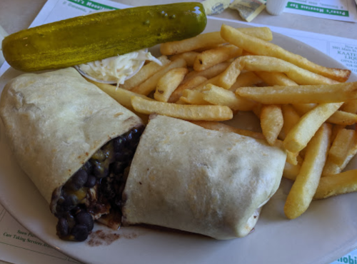 A plate with a burrito filled with black beans, served with French fries and a pickle on the side.