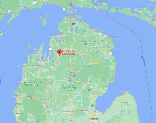 Map showing the location of Bojack's Bake Shop & Café in northern Michigan.