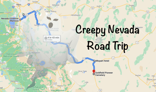 Map showing a route for a "Creepy Nevada Road Trip" from Reno to Goldfield Pioneer Cemetery, with Mizpah Hotel as a stop.