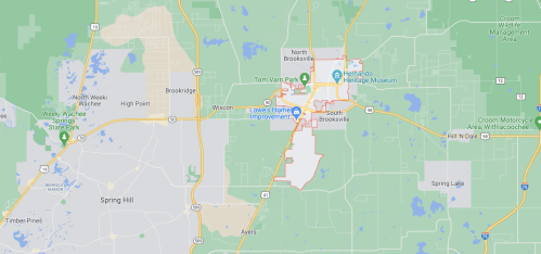 Map showing the area around Brooksville, Florida, with major roads and landmarks labeled.