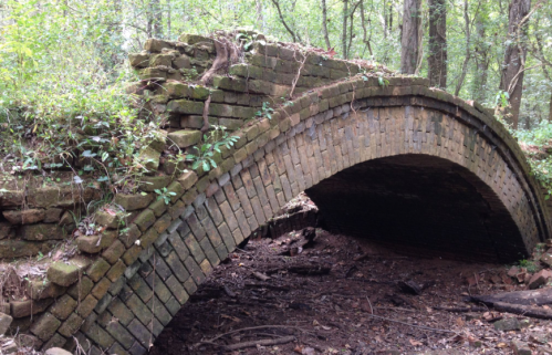 An old, arched stone bridge covered in greenery, partially collapsed, surrounded by dense forest.