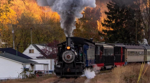 A vintage steam train chugs along a track, billowing smoke against a backdrop of autumn trees and houses.