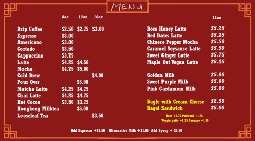 Menu featuring various coffee drinks, teas, and bagel options with prices listed for 8oz and 12oz sizes.