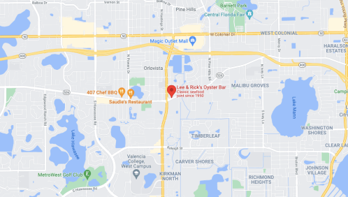 Map showing the location of Lee & Rick's Oyster Bar in Orlando, Florida, near major roads and landmarks.