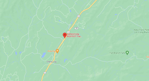 Map showing the location of "Expedition Bigfoot" near Cherry Log, Georgia, with surrounding green hills and roads.