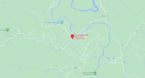 Map showing the location of Toccoa Riverside Restaurant, surrounded by rivers and green areas.