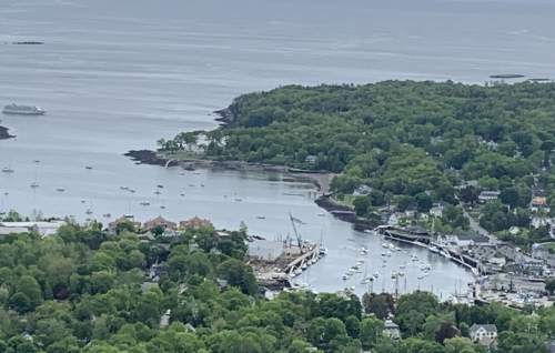 Aerial view of a coastal area with boats, green trees, and a calm bay under a cloudy sky.