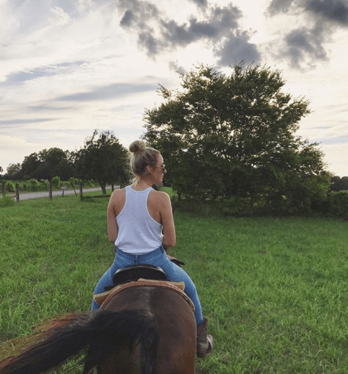 A person riding a horse in a grassy field, facing away, with trees and a cloudy sky in the background.