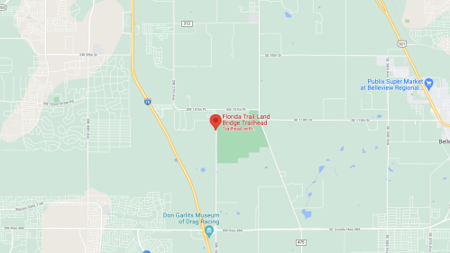 Map showing the location of Florida Trail Land and the Eagle Trailhead, near Belleview, Florida.