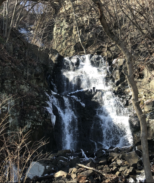 A cascading waterfall flows over rocky cliffs, surrounded by bare trees and winter scenery.