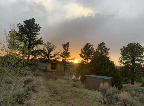 A serene landscape at sunset, featuring a cabin, trees, and a path surrounded by shrubs and grass.