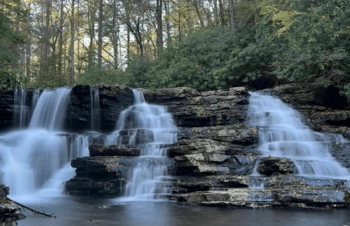 A serene waterfall cascading over rocky ledges, surrounded by lush greenery and trees in a tranquil forest setting.
