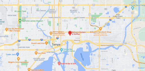 Map of Tampa, Florida, highlighting locations including Ryals' Chicken & Waffles and Todd W Bar & Grill.